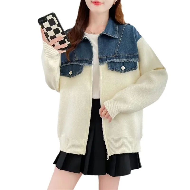 [EWQ] Korea Chic Knitted Cardigan Coats Denim Pocket Knitted Patchwork Design Women\'s Sweater Jacket Autumn Winter 2024 16O1344