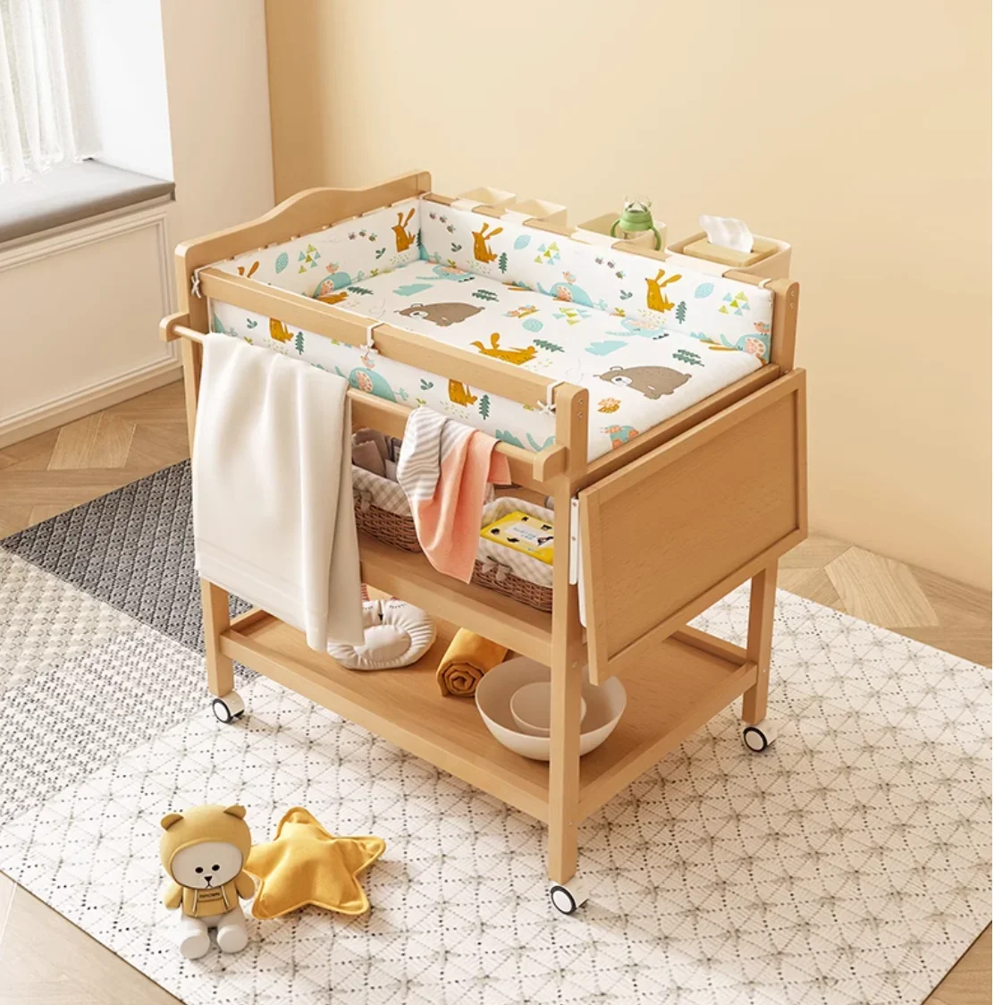 Solid wood changing  Baby care table movable press touch  multi-functional changing table for newborn babies