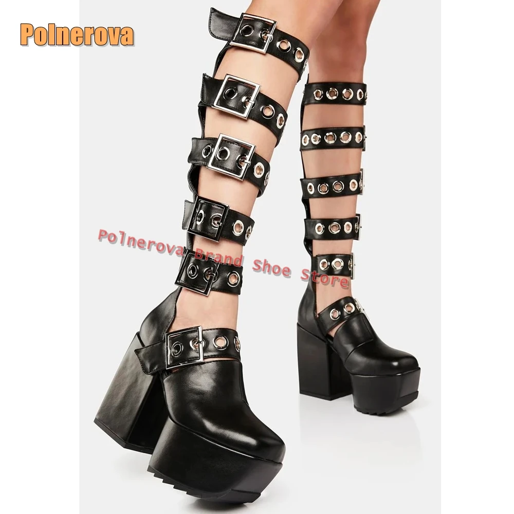 

Square Toe Belt Buckle Platform Black Sexy Sandals Cover Heel Height Increasing Cut Out Rivet Punk Gladiator Cosplay Summer 2025