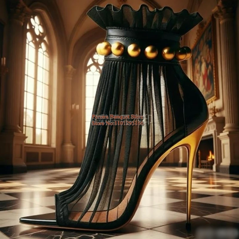 

Black Mesh Studded Thin Heeled Ankle Boots Pointed Open Toe Stilettos Heels Pleated Short Boots Back Zipper Slip On Footwears