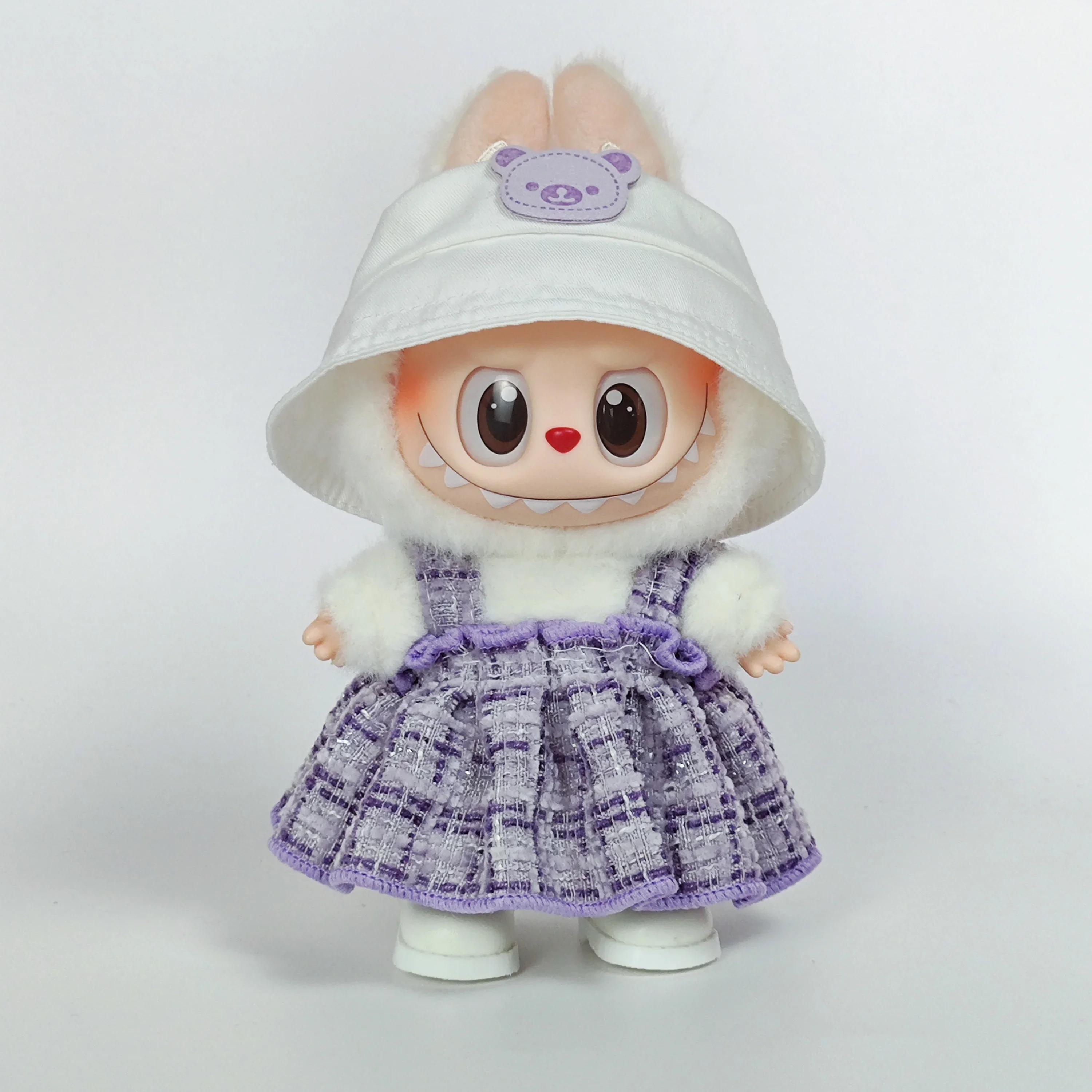 Kleding voor Labubu 1e/2e/3e generatie hangende outfits - paarse geruite overall voor zittende poppen
