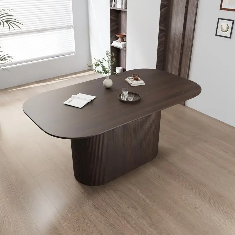 طاولة طعام بنية MDF مقاس 63 بوصة، حافة عادية، مقاعد 4-8، أرجل مخططة عمودية، بلوزة سميكة أنيقة، مثالية للاستخدام المنزلي والمطبخ