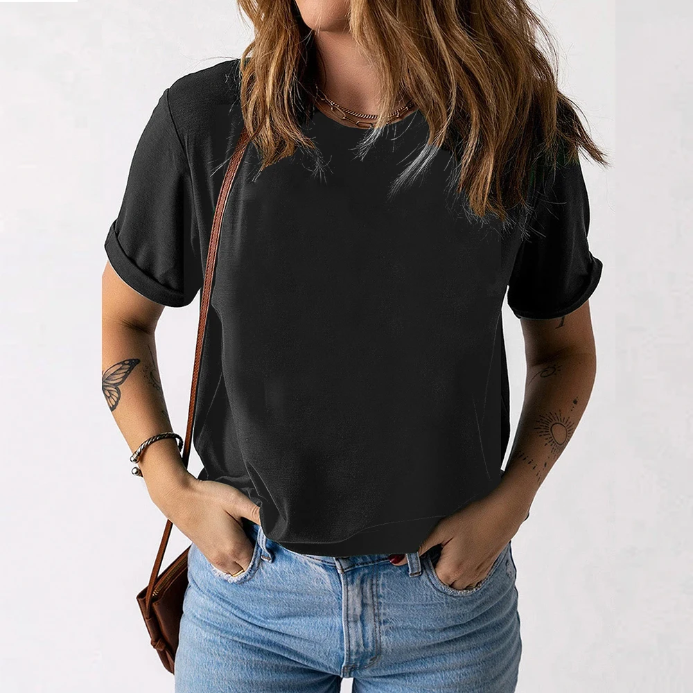 Women\'s Spring SUmmer Round Neck Casual Loose T-Shirt Ladies Basic Short Sleeve Tops Tee High Quality Clothing Plus Size 2024