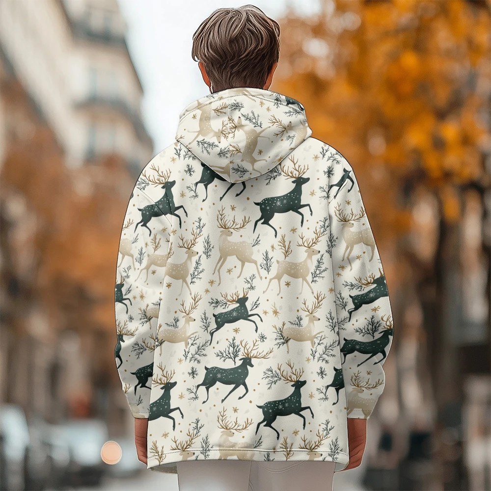 Cozy Winter Hoodie Coats with Running Deer Pine Branches Stars Print Warm Faux-Fur Lined Jacket for Outdoor Cold Weather Fashion