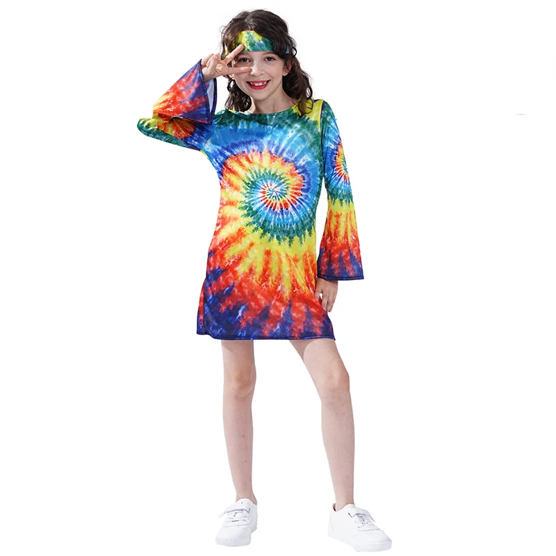 Girl 1960S 1970S Hippie Costume Halloween Kids  Hippie Dress Girl 60S Disco  Costume With Headband