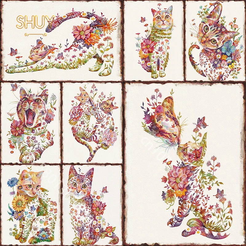 

Cute Cat Print Metal Sign Vintage Flowers Tin Signs for Bar Club Pub Man Cave Wall Decor Plaques Posters Kawaii Home Decoration