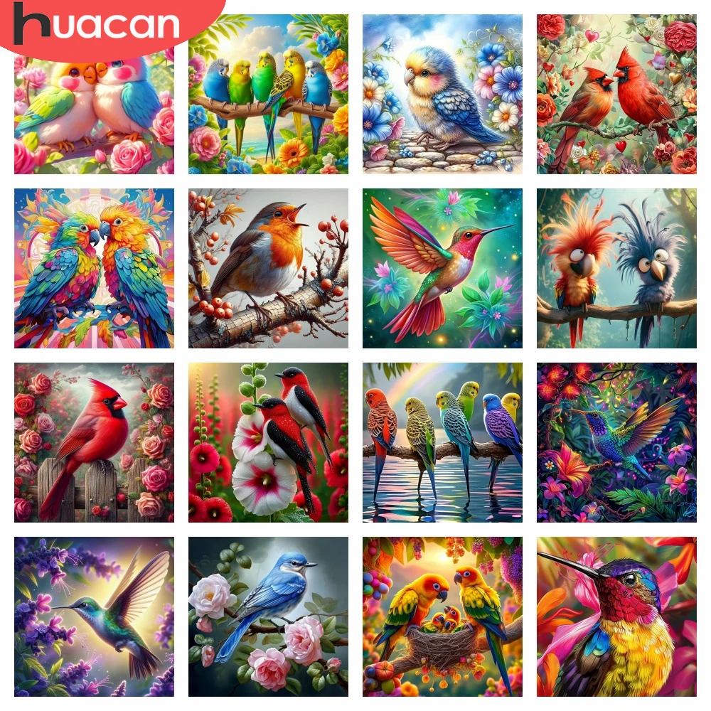 HUACAN Komplettset Diamantkunst Neues Vogel-Blumen-Mosaik-Gemälde Papagei Tier Handgemachte Heimdekoration Quadratische Runde Steine