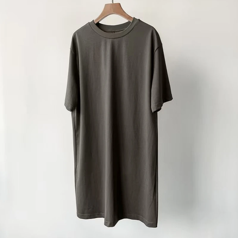 25 ปีฤดูร้อนสไตล์มินิมอลอเนกประสงค์กระชับสัดส่วนคอกลมหลวมความยาวกลางผ้าฝ้ายแขนสั้นชุดเสื้อยืด