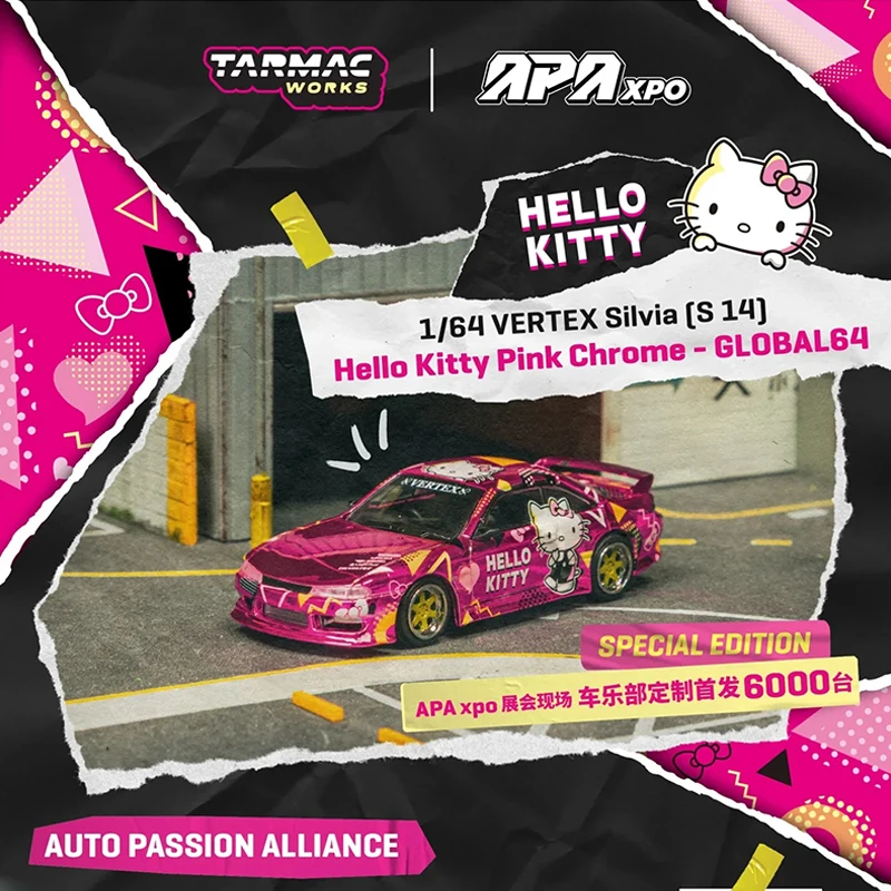 

Tarmac Works 1:64 APA XPO FOSHAN VERTEX Silvia S14 Hello Kitty Розовый Хром Литая под давлением модель автомобиля Коллекция игрушек TW