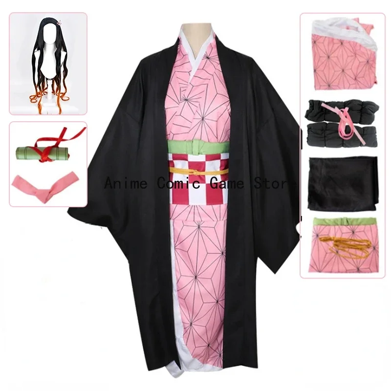 Nezuko Kamado Cosplay Traje com Peruca para Mulheres, Conjuntos Completos, Uniforme de Kimono Anime, Roupas de Halloween, Meninas, Em Stock