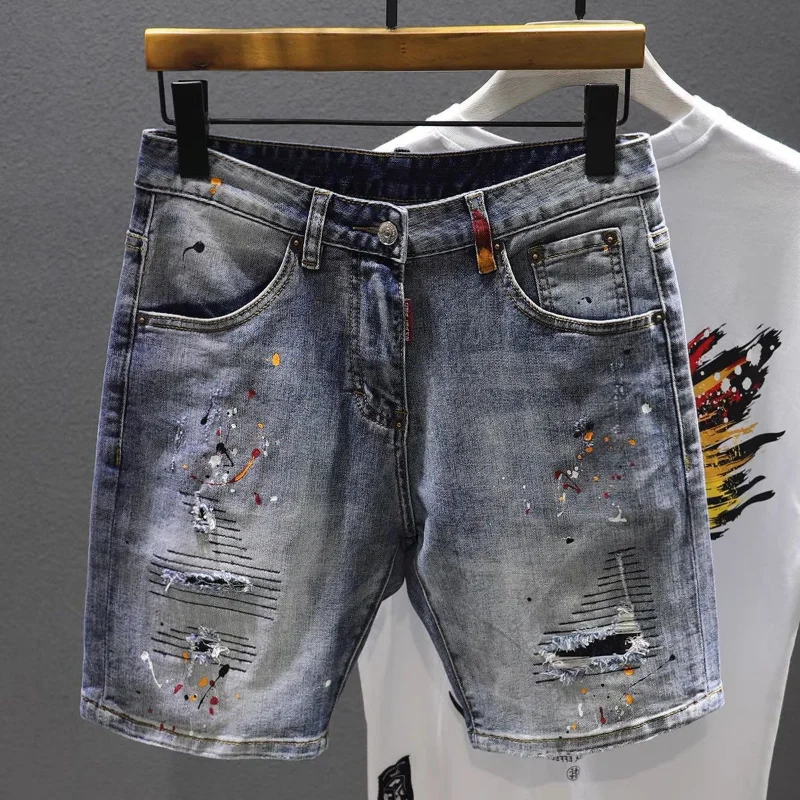 Short Jeans Pants for Men Multi Color Graphic Man Denim Shorts Original Thin Distressed Xl Retro Streetwear Jorts New In Rude