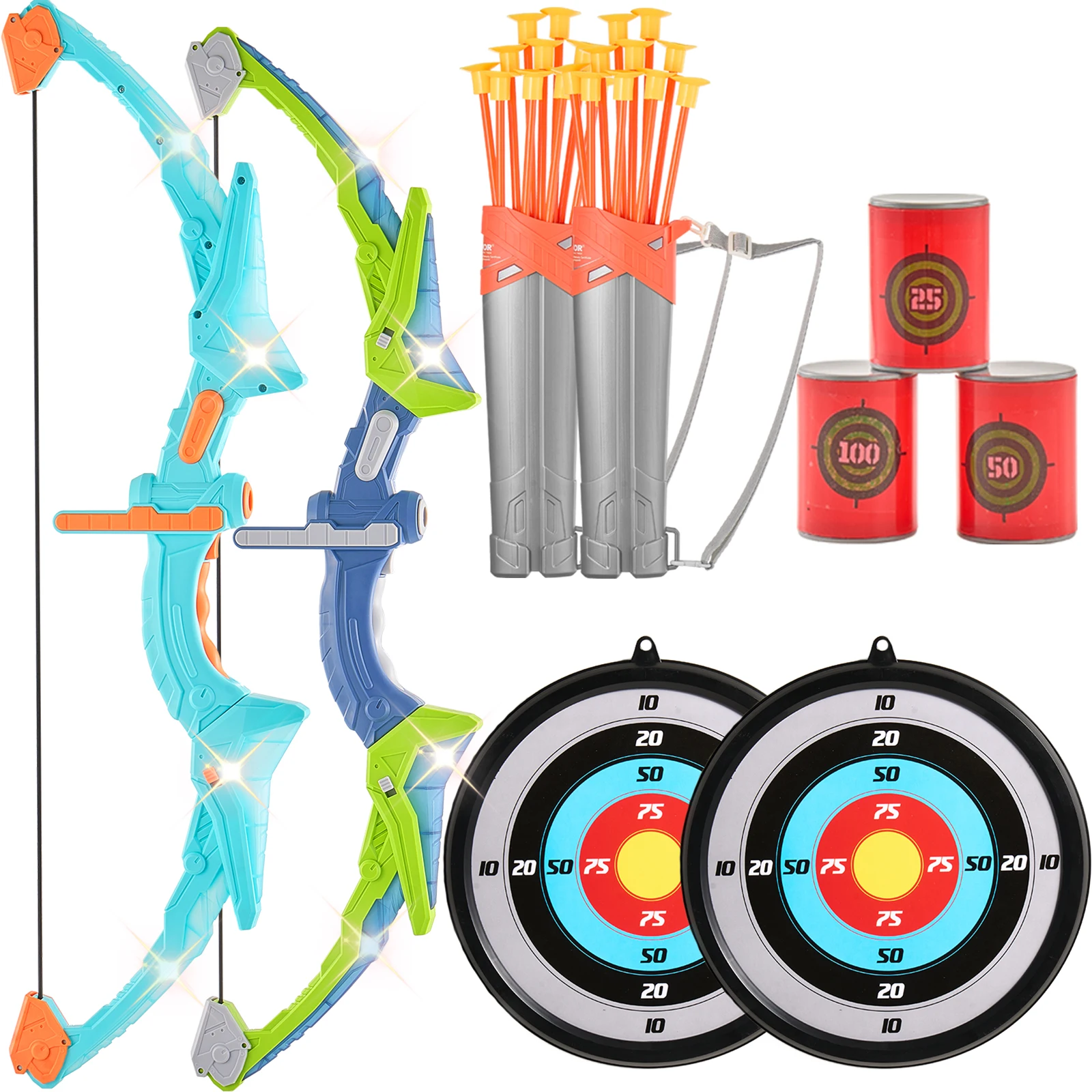 SucceBuy Juego de arco y flecha para niños, juego de juguetes de tiro con arco con luz LED, flechas con ventosa de 10/20, objetivo y cantidad para niños de 4 a 12 años