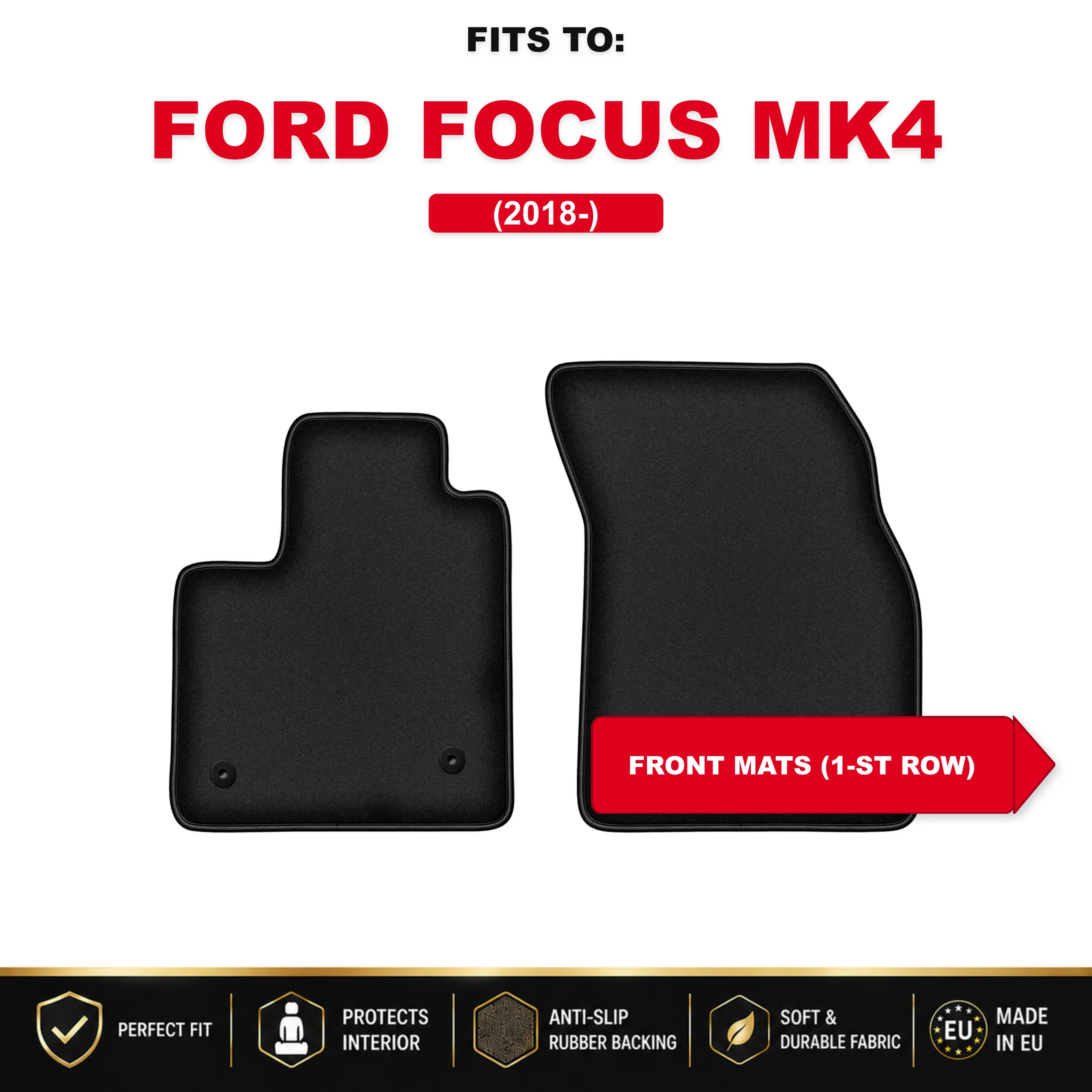 Tapis de sol avant en velours, noirs, 2 pièces. Pour : Ford Focus MK4 2018 - Kit de tapis de sol avant pour véhicule