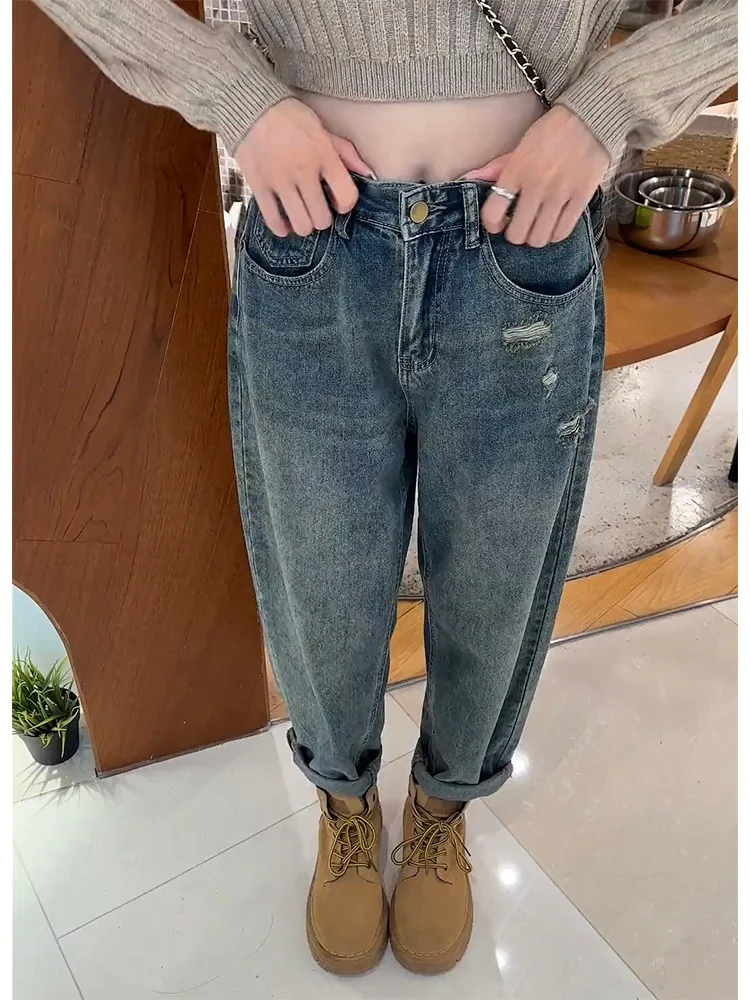 Pantalones vaqueros de cintura alta para mujer, pantalones bombachos holgados y adelgazantes con pepino, estilo americano, desgastados en Denim, otoño 2025