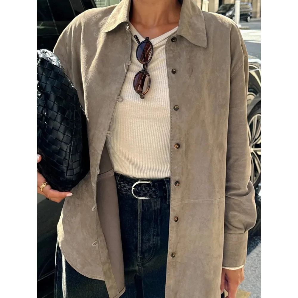 

Spring Women's Retro Brown Shirt Loose Mid-Length Open Cardigan Top Fashion Elegant Commute Style Polyester Long Sleeve Shirt