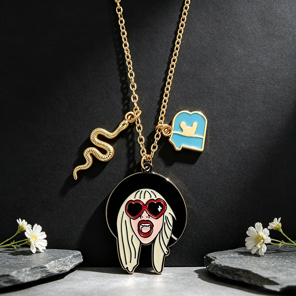 Hip Hop Singer Enamel Snake & Album Charm Pendant Necklace, Music Fan Jewelry Gift for Women Girls