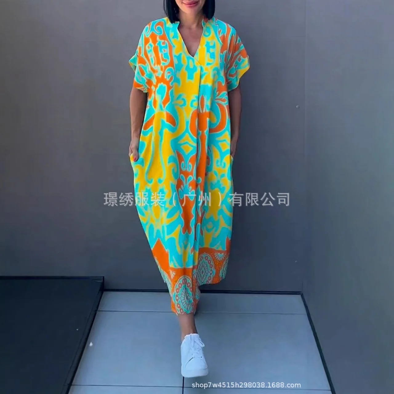 ريترو موضة الربيع الخامس الرقبة فساتين الحفلات امرأة أنيقة الأزهار طباعة ألف خط فستان طويل 2025 الصيف قصيرة الأكمام فضفاضة بوهو فستان