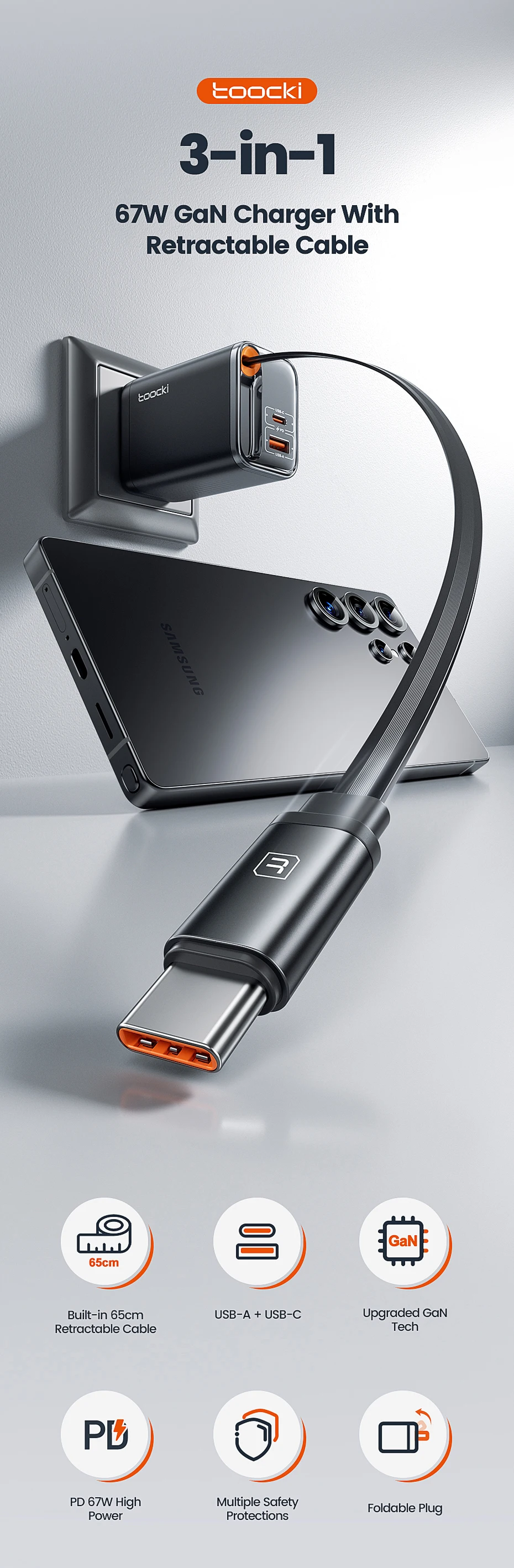 Toocki 67W GaN Ladegerät US-Stecker mit einziehbarem Typ-C-Kabel, Digitalanzeige, PPS PD3.0 Schnellladegerät für iPhone 17 16 Samsung S26 – Detail 2