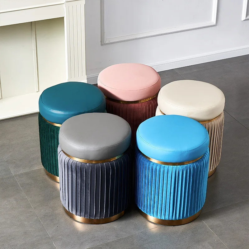 Round Small Stools Light Luxury Dressing Stool Bedroom Makeup Stool Small Spartment Leather Shoe Changing Stool Ottoman Pouf