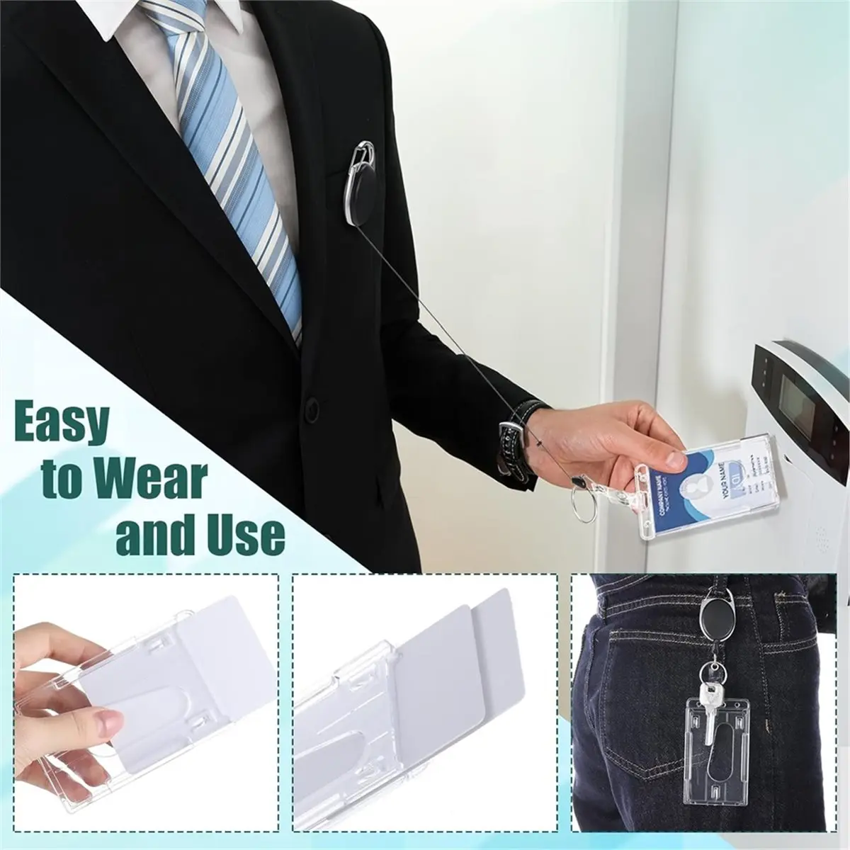 30 Retractable Holder Reel with Belt Clip Keyring and 30 Waterproof Vertical PC ID Card Holders for Office School Work