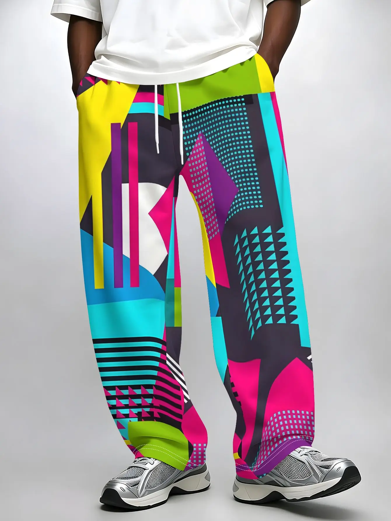 Amerikanische Street-Regenbogen-Streifen-Hose für Damen und Herren mit elastischem Kordelzug an der Taille, gerade geschnitten, lässig, sportlich – Detail 7