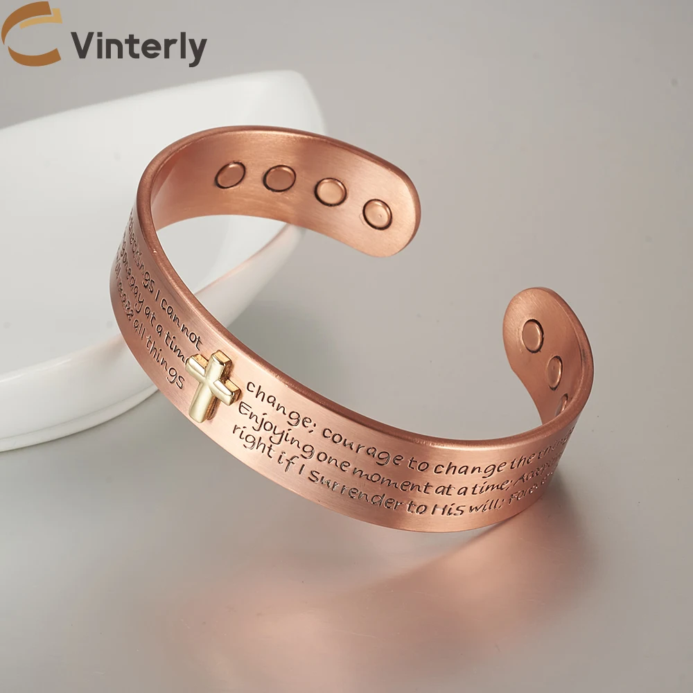 Armbänder aus reinem Kupfer für Männer, Kreuz, Bibel, verstellbare Manschette, magnetische Armreifen, 15 mm Arthritis, Gesundheit, hoher Magnet, Schmuck, größenverstellbar