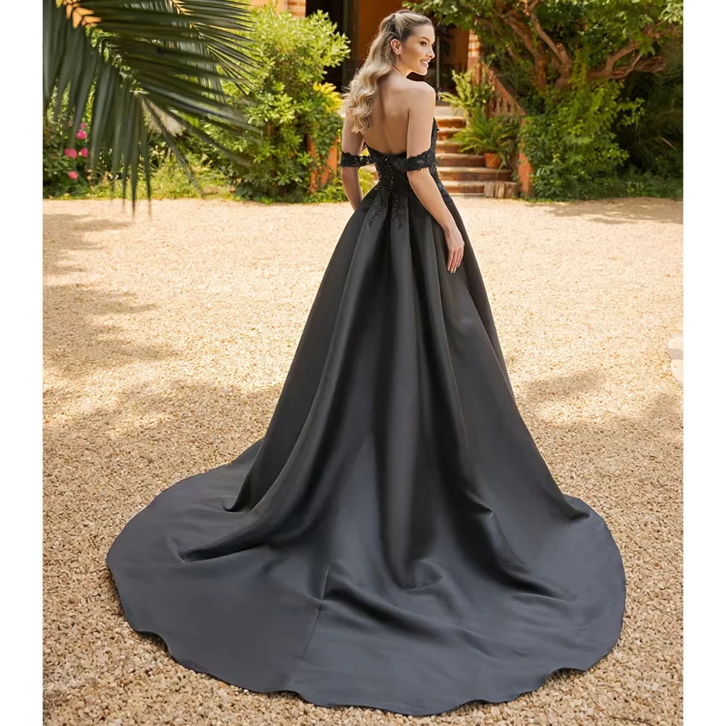 2026 Off Shoulder Black Satin Wedding Dresses a Line Bridal Gowns With Lace Appliques High Slit Long Train Gothic Style Dress