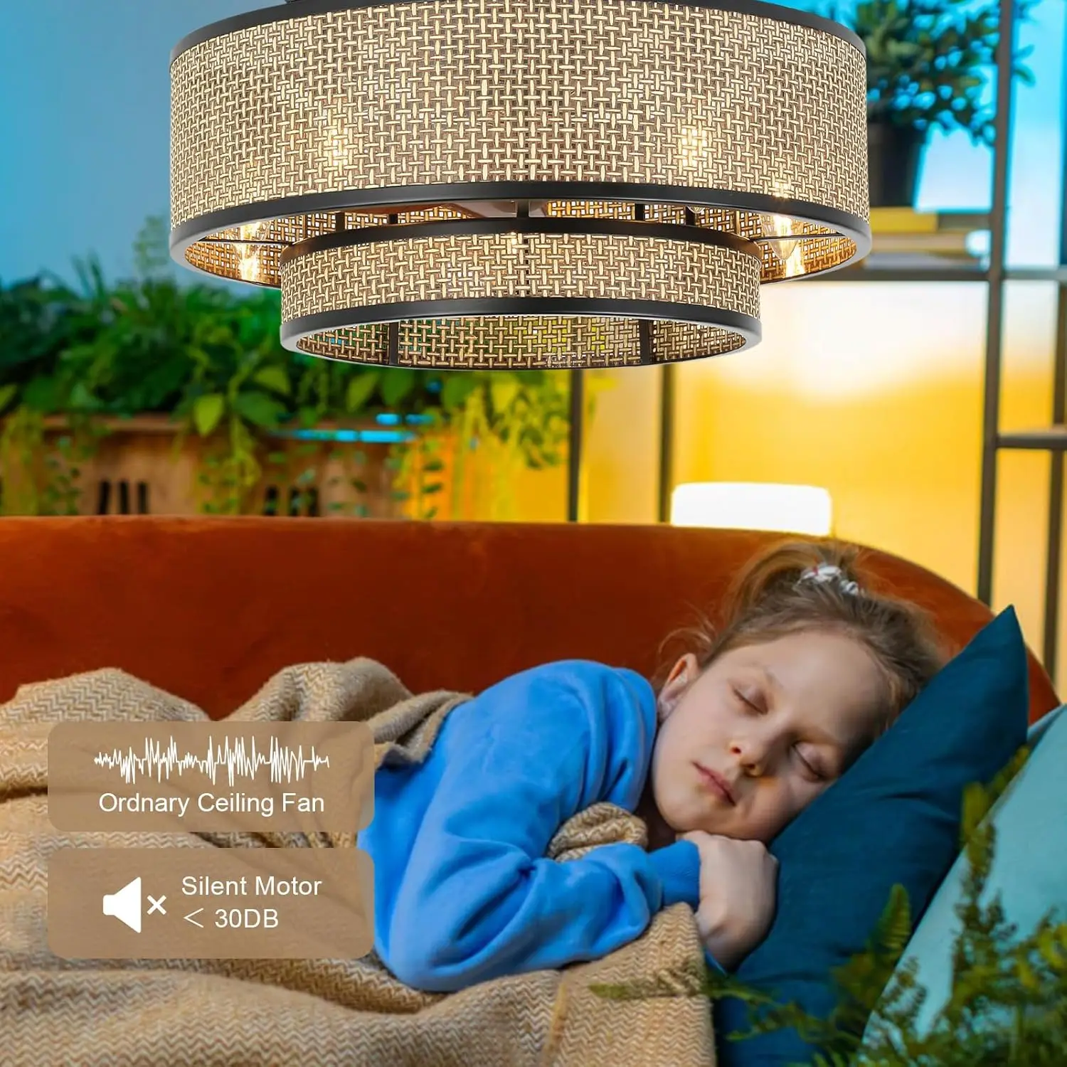 Boho Ceiling Fan with Light 6-Speed Low Profile Chandelier with Remote Control,Bladeless/Quiet DC Motor,for Bedroom Kitchen