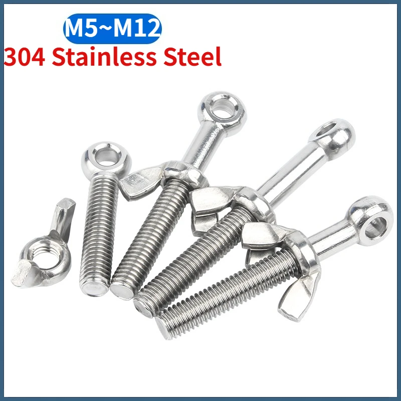 304 Stainless Steel Lifting Eye Bolt with Wing Nut Set M5 M6 M8 M10 M12 Fisheye Ring Link Slip Hole Screw