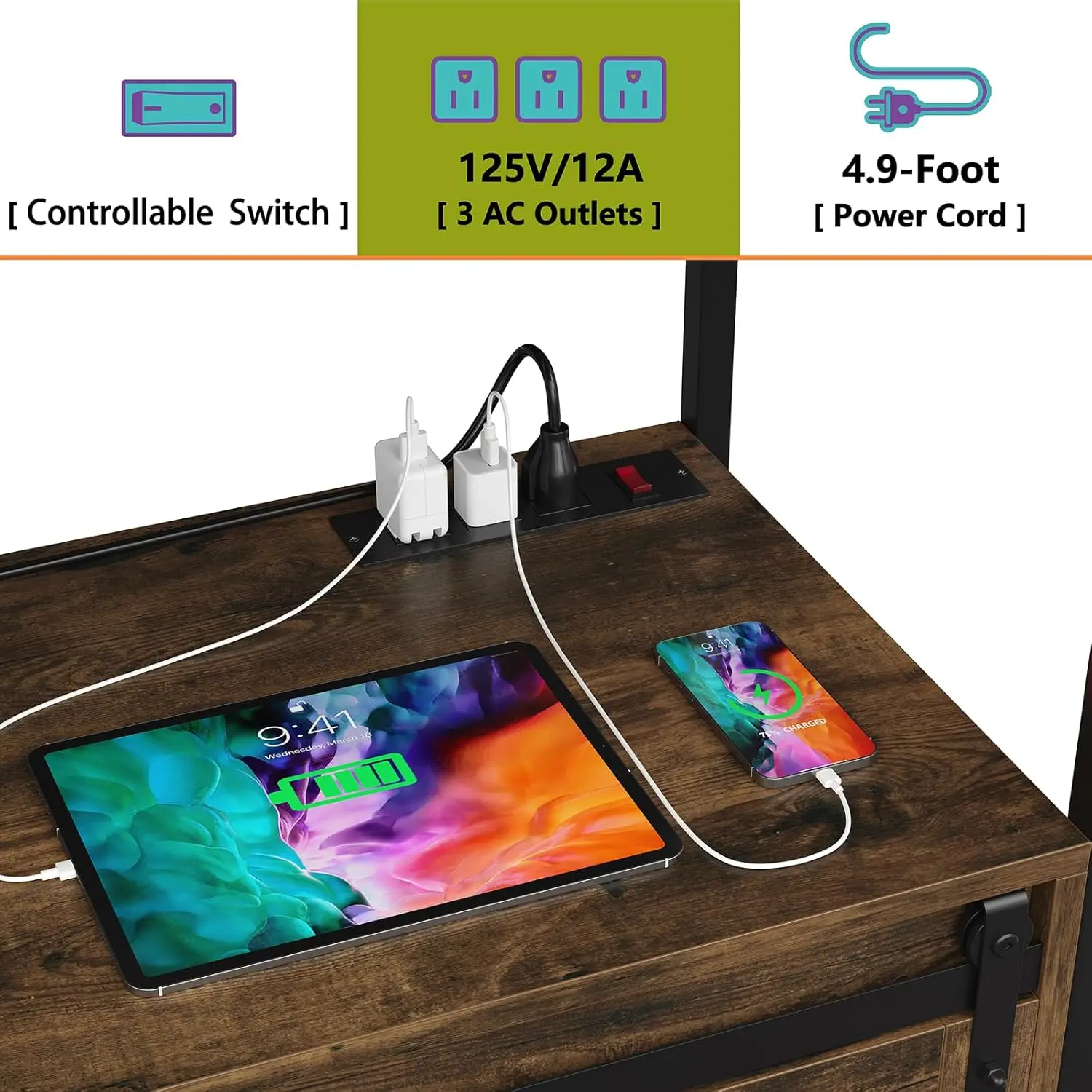Scaffale da cucina a 6 livelli con presa, supporto per microonde industriale e ripiano portaoggetti (marrone rustico)