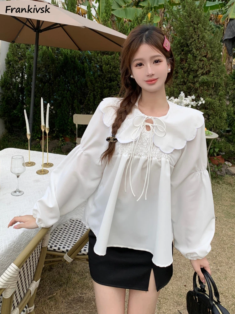 T-shirts Women Korean Style Vintage Hotsweet Pater Pan Collar All-match Fashion Aesthetic Long Sleeve Tops College Spring Summer