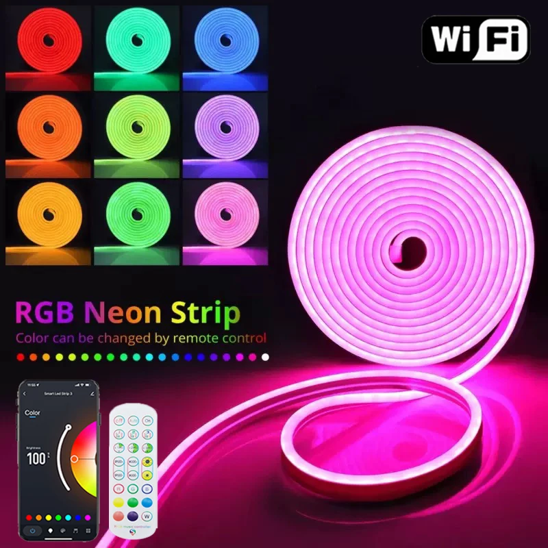 12V 5M WIFI Bluetooth RGB Neon Strips Lights APP Control Music Sync Remote Flexible Neon Led Lights With Adapter For Bedroom