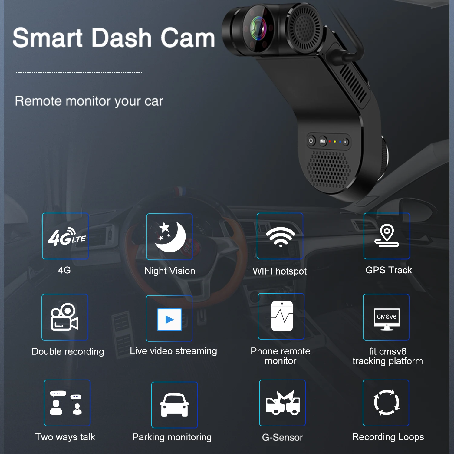 4G Night Vision Dash Cam GPS Dual 720P Video Recorder WiFi Hotspot 24H Parking Monitor Remote Live View For Cab Sharing Driver