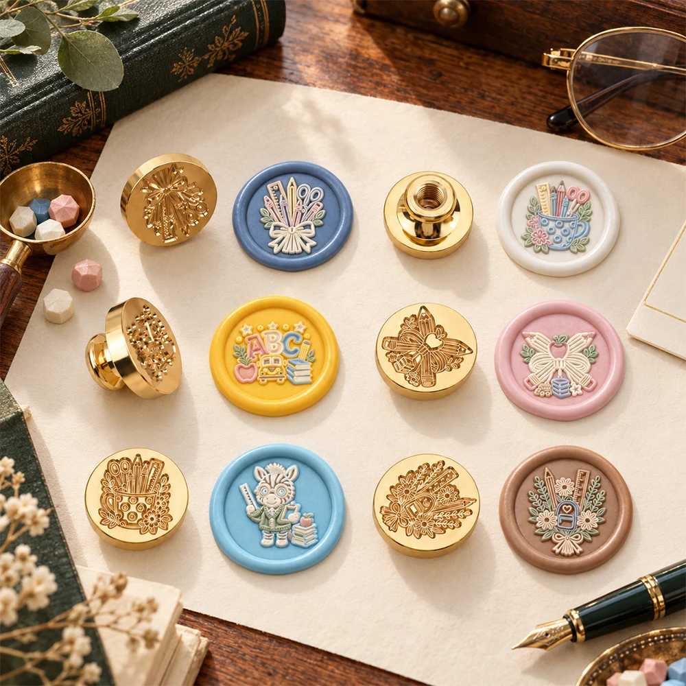 Pencil Ruler Floral School Theme Wax Seal Stamp Head 2.5cm Cartoon Brass Stamp for Scrapbooking Greeting Cards & Gift Tags