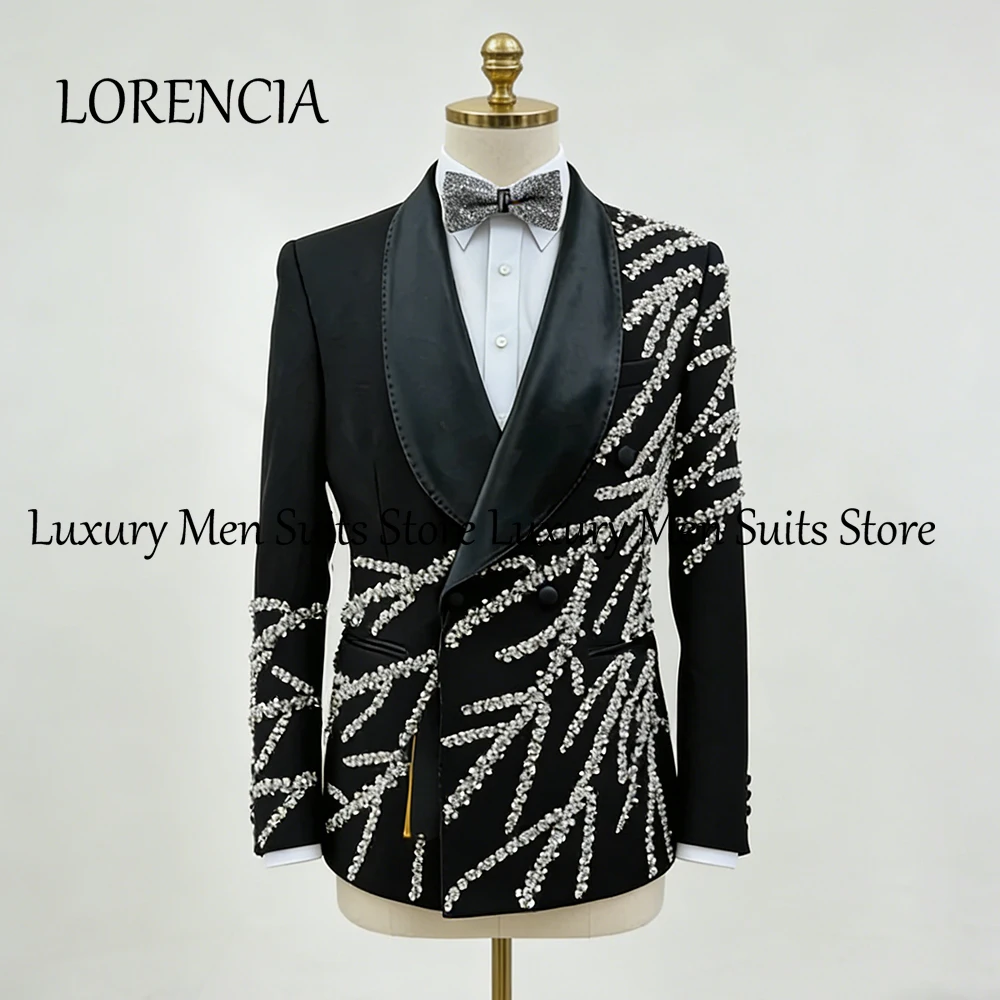 

Мужские костюмы со сверкающими бриллиантами, комплект из 2 предметов, смокинги с шалевым воротником, наряды для свадебной вечеринки, пиджак на заказ, брюки, халат mariage femme