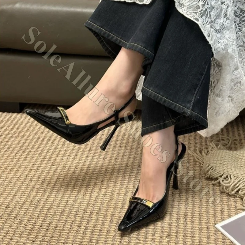

Women Black Patent Leather Slingback Heels Metal Buckle Pointed Toe Elegant Stiletto Pumps for Work Party