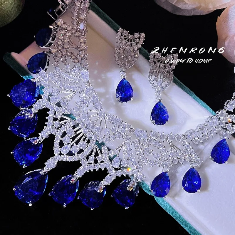 

HW Знаменитая тяжелая промышленность, роскошная полная бриллиантов и капель воды, ожерелье королевского синего цвета, свадебный костюм, аксессуары для вечернего платья,