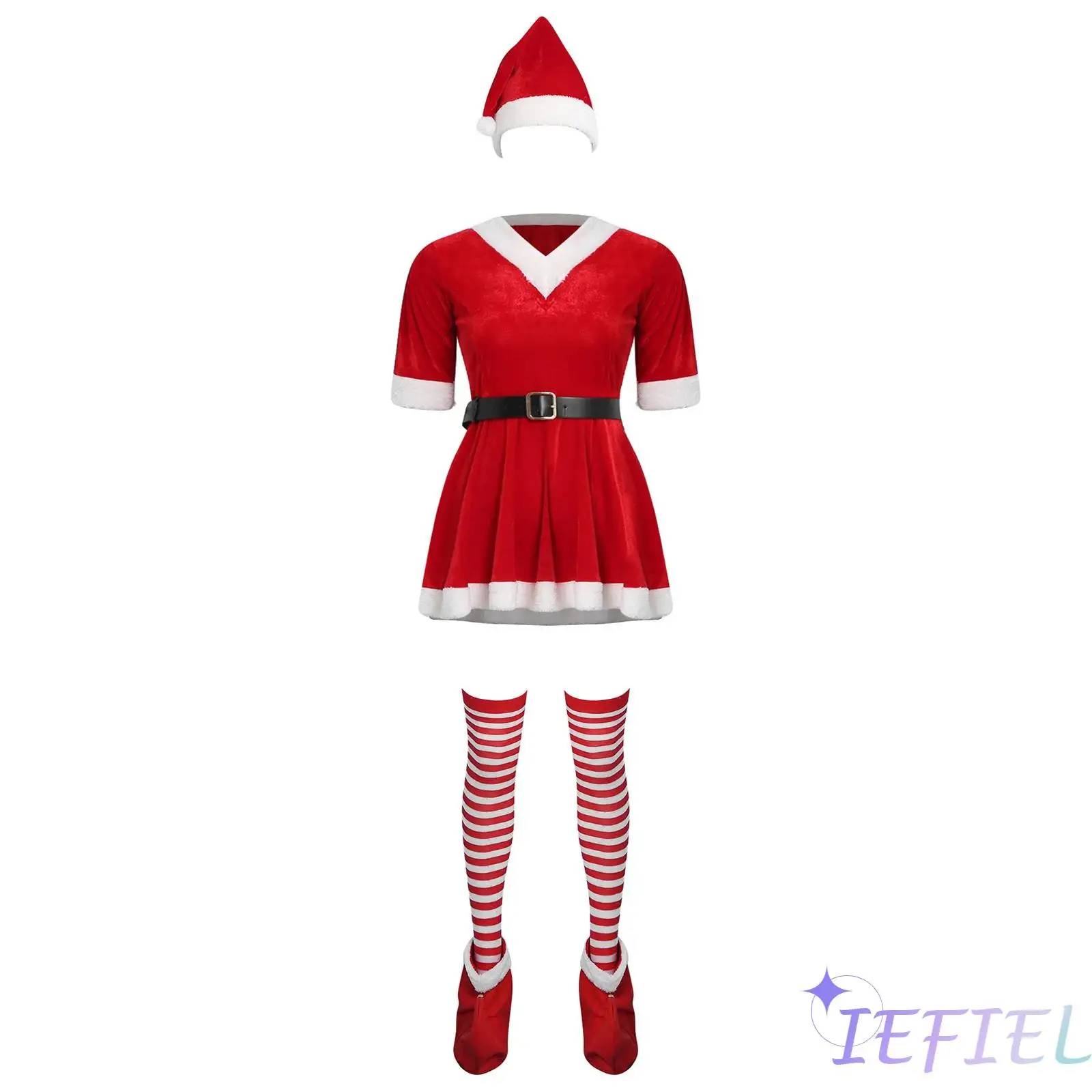 

Womens Mrs Santa Claus Outfits Hooded Dress Waist Belt Striped Stockings Hat And Shoes 5-piece Christmas Xmas Party Costume
