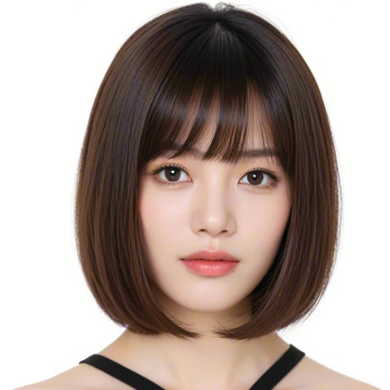 12 Inch Natural Straight Brown Short Synthetic Fiber Bob Wig, Classic And Casual Style, Perfect For Daily Wearing