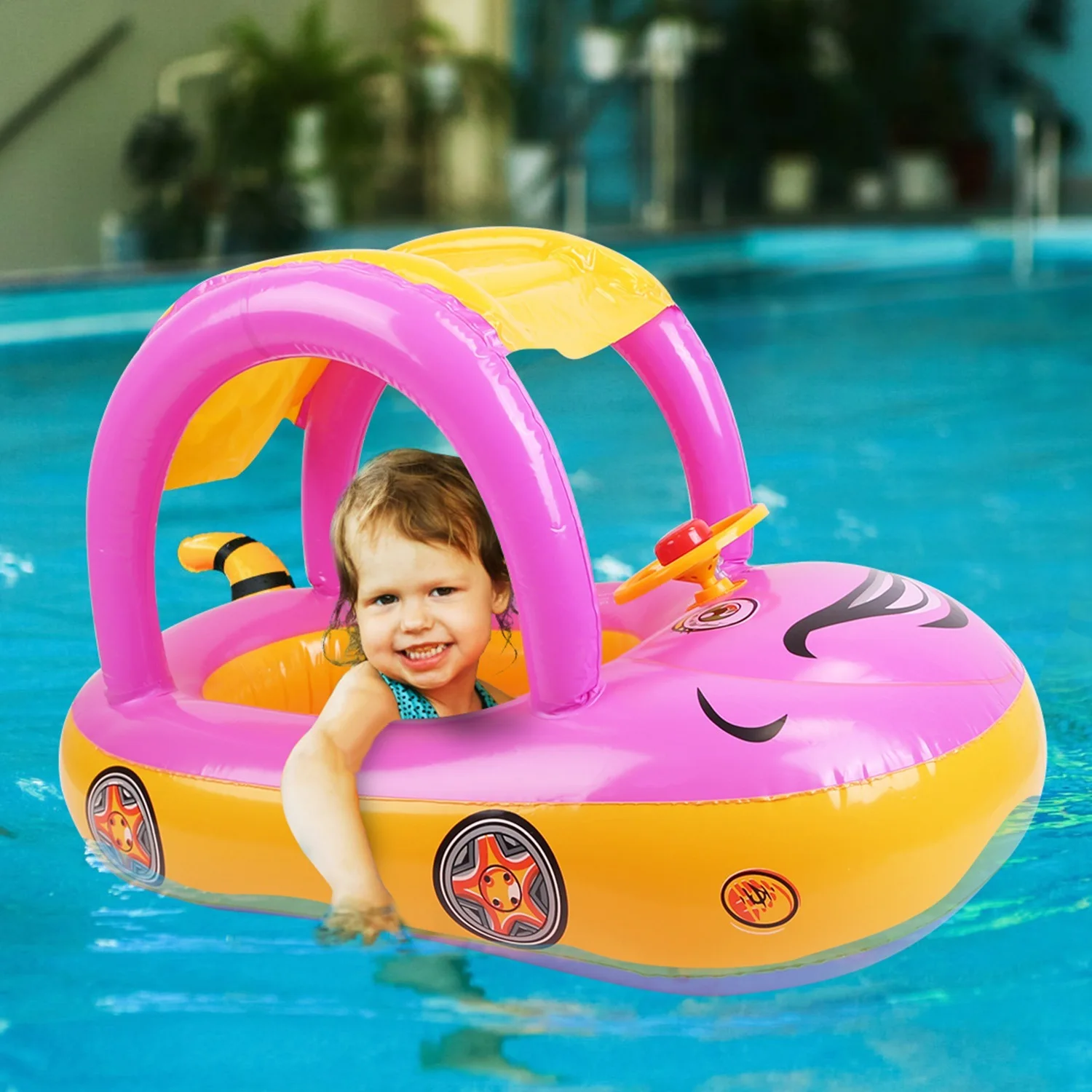 Baby Inflatable Pool Float Car Shaped Toddler Swimming Float Boat Pool Toy Infant Swim Ring Pool with Sun Protection Canopy