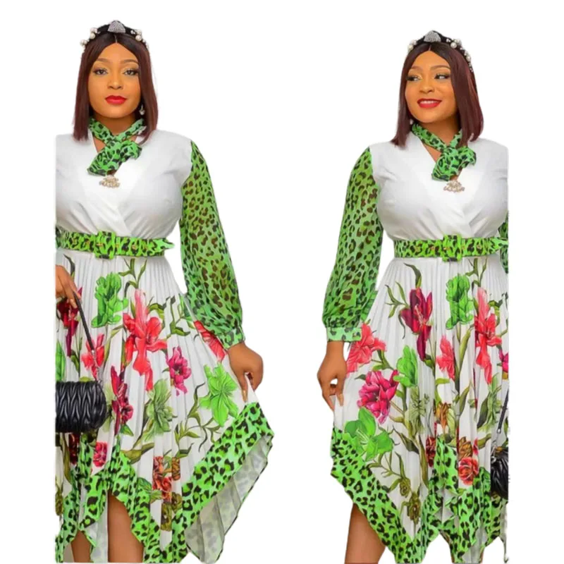 

2022 Summer African Women Long Sleeve V-neck Printing Plus Size Knee-length Dress XL-4XL African Dresses for Women