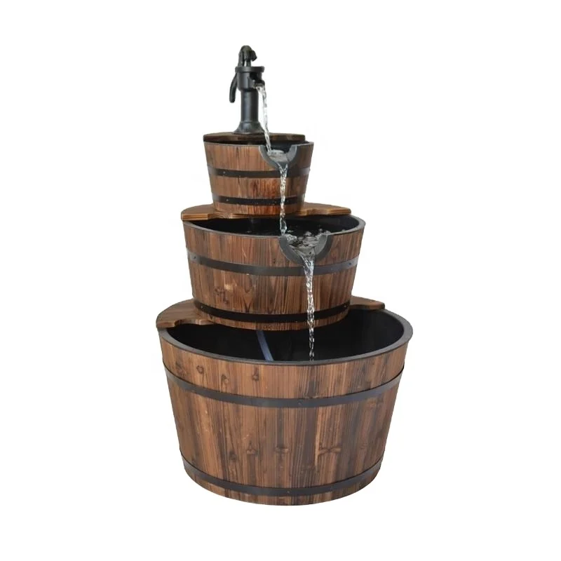 Wooden Garden Barrel Water Fountains with Metal Pump  Three tier Design for Balcony, Patio Decor.