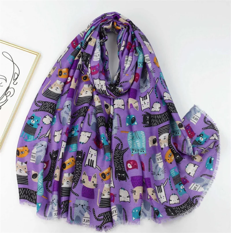 Cartoon Cute Milk Cat Printed Scarf Tassel Warm Viscose Shawl Scarf Long Lightweight Sunshade Shawls For Women Pashmina Stole