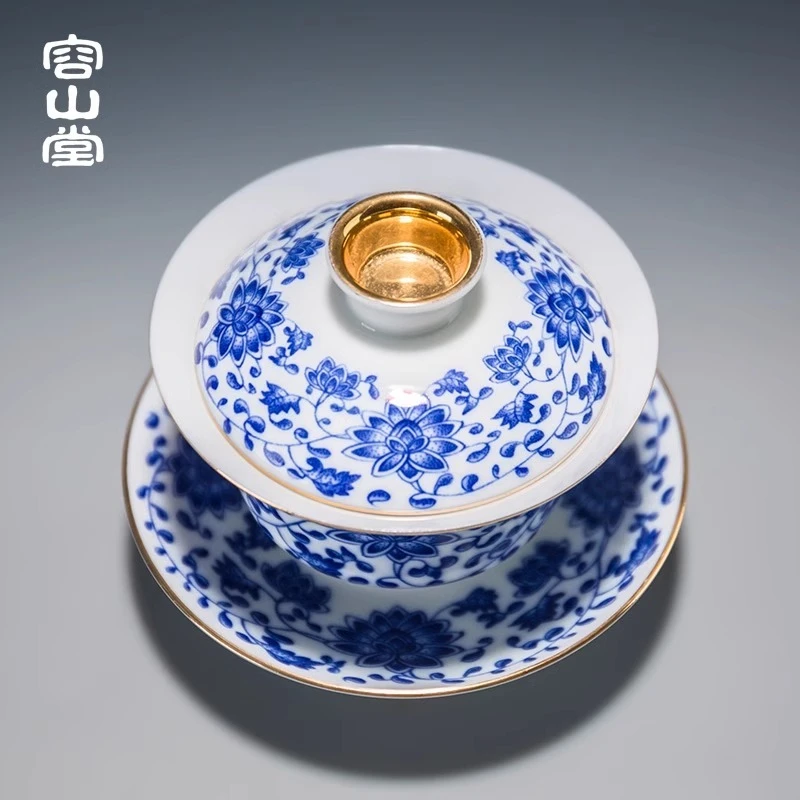 Rongshantang Jingyun covered bowl tea cup set ceramic large enamel painted Sancai blue and white tea bowl Kung Fu tea set