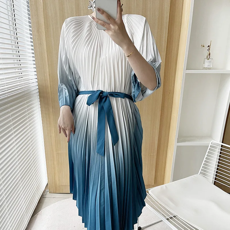 Alsey Miyake Geplooide Trompe Loeil Jurken Lente Nieuwe Casual Losse Stropdas Zoom Mantel Mouw Plus Size Drape Jurk Prom Jurken