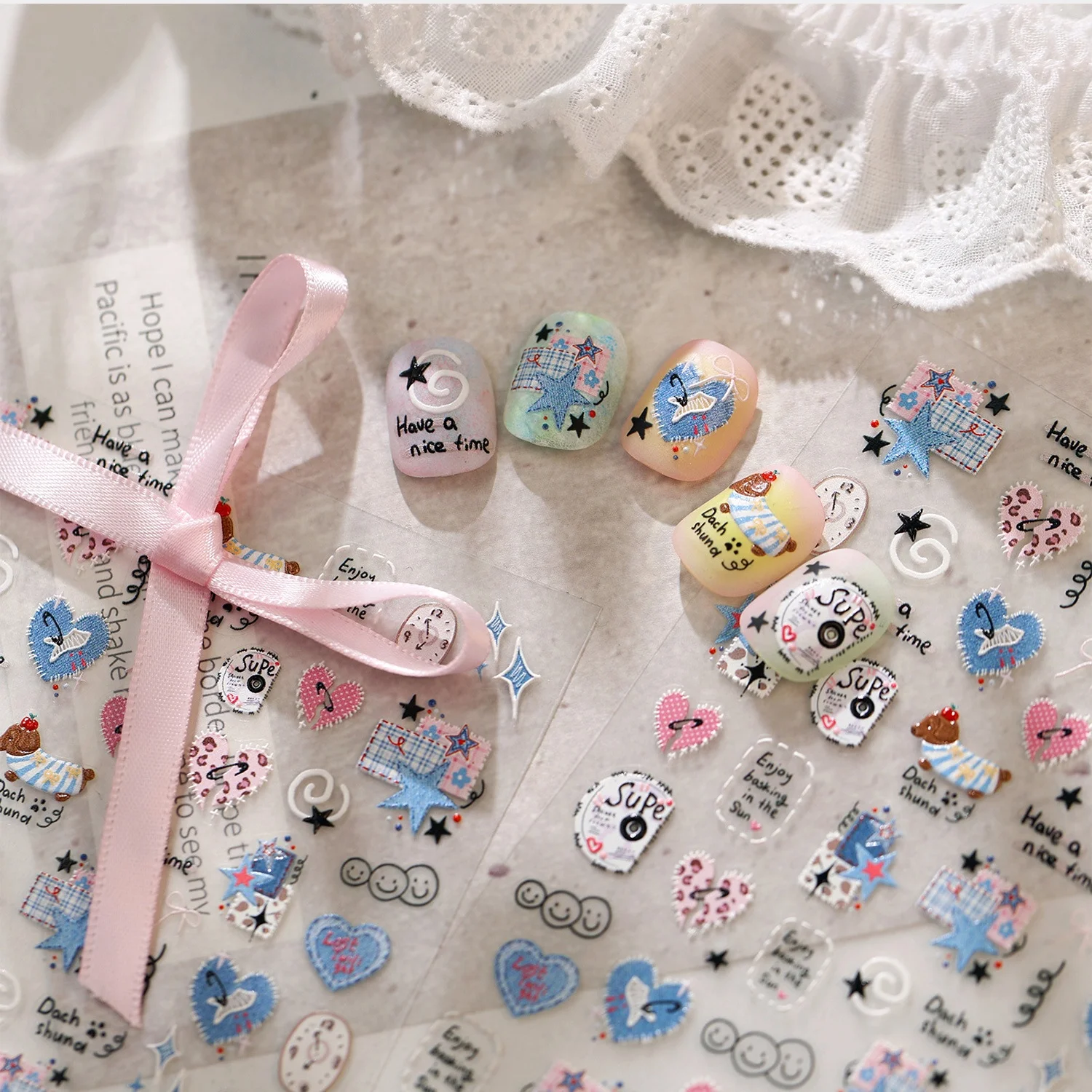 Vintage Cute Dogs Dachshund Theme 5D Nail Stickers Puppy Blue Tone Plaid Star Heart Clock Self‑Adhesive Decals Nail Decoration