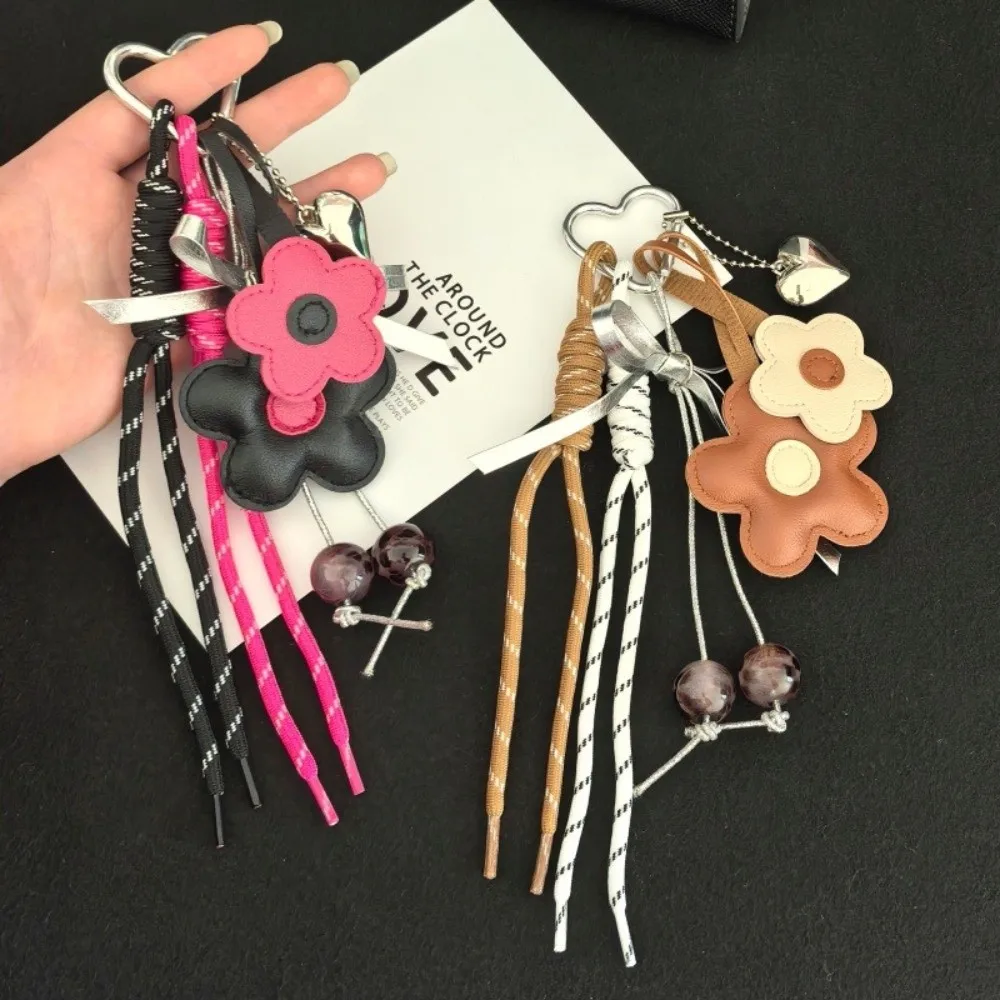 PU Leather Flower Pendant Keychain Braided Rope Heart Pendant Bag Pendant Woven Lanyards Bowknot Bag Charms Ornaments