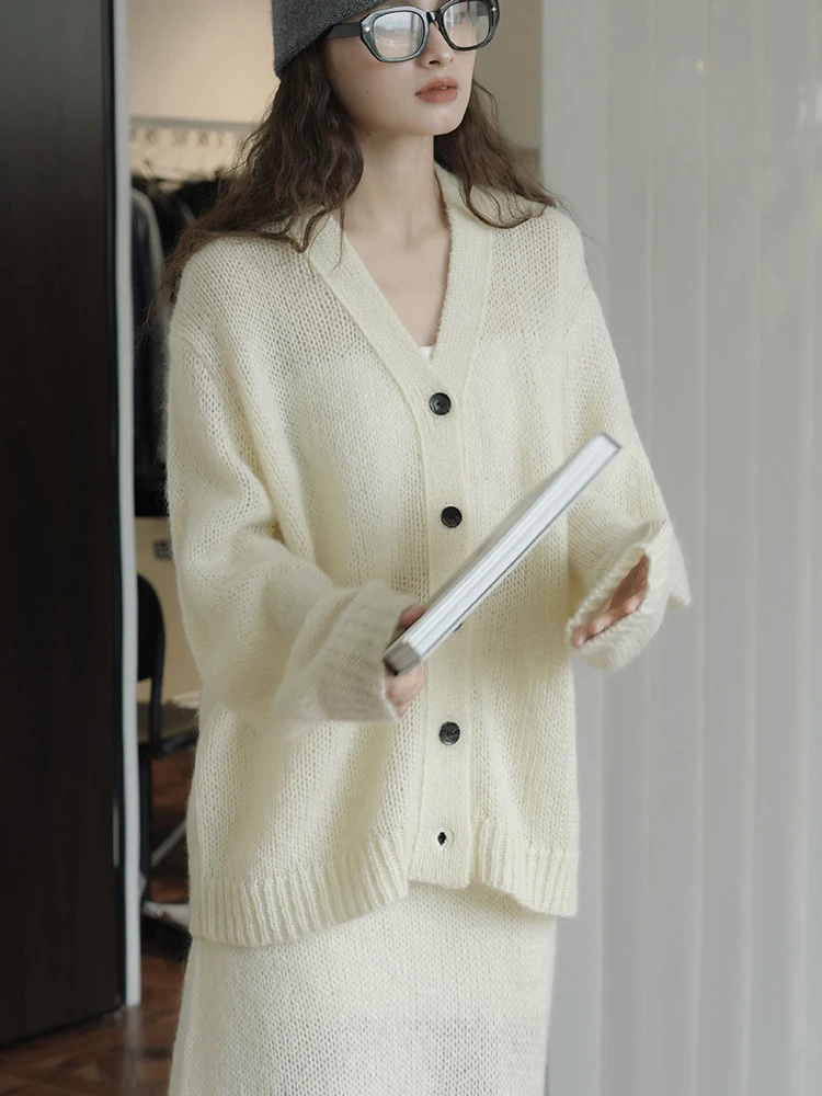 [EAM] Yellow Big Size Knitting Cardigan Sweater Loose Fit V-Neck Long Sleeve Women New Fashion Tide Spring Autumn 2024 1DH0240