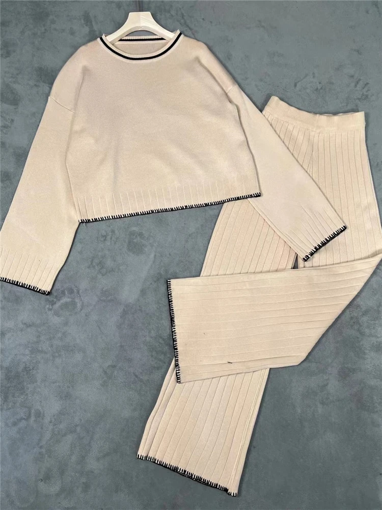 Seoulish Autumn Winter 2 Pieces Women\'s Suits Knitted Tracksuit O-Neck Sweater and Wide Leg Jogging Pants Female Oufit Sets 2023