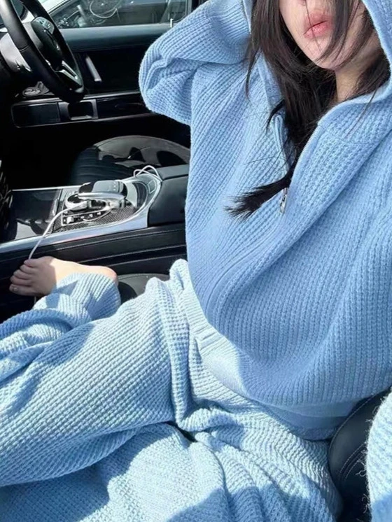 

Lazy Casual Knitted Cardigan Top Full Zipper Hooded Sweater Woolen Material Long Sleeve Sweet Style Regular Length Spring Out...